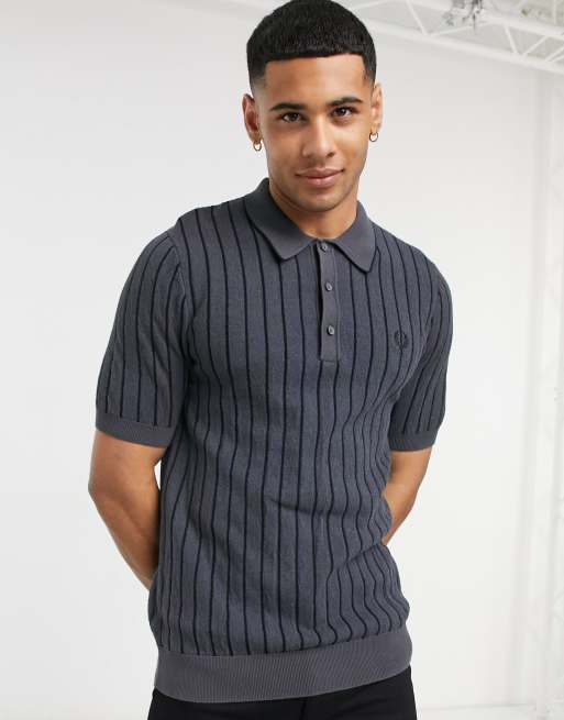 Fred Perry stripe knitted polo shirt in charcoal