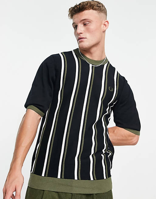Fred Perry stripe knitted ringer t-shirt in black | ASOS
