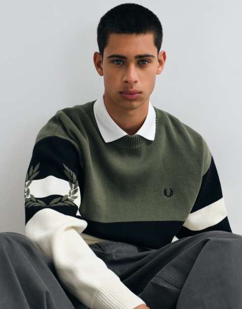 Fred Perry stripe logo graphic jumper in khaki and ecru - view 1