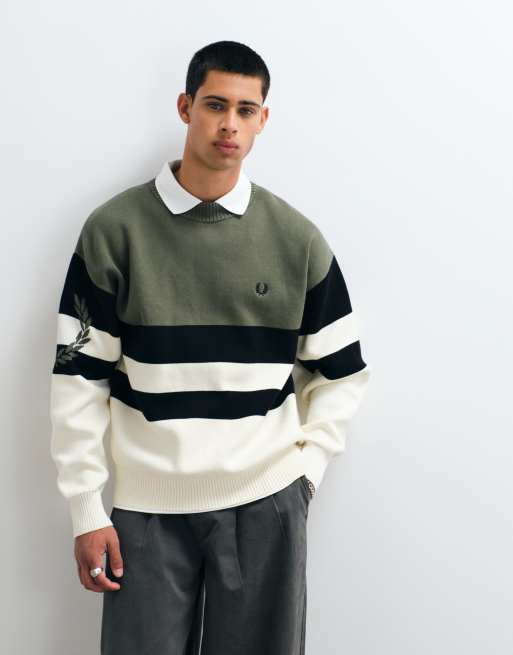 Fred Perry stripe logo graphic jumper in khaki and ecru, 3 of 5