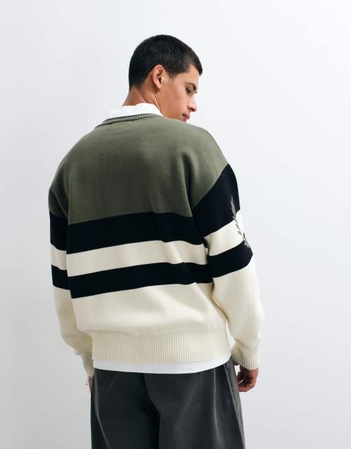 Fred Perry stripe logo graphic jumper in khaki and ecru, 4 of 5