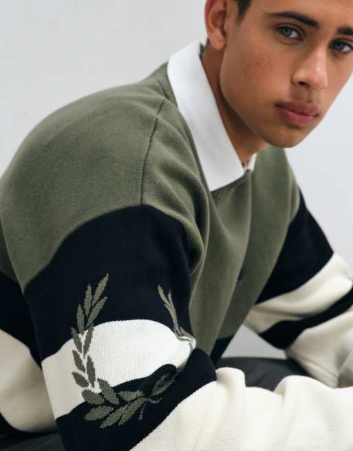 Fred Perry stripe logo graphic jumper in khaki and ecru, 5 of 5