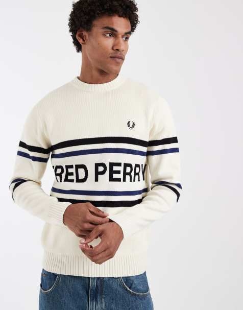Fred Perry stripe logo graphic knit jumper in ecru - view 1