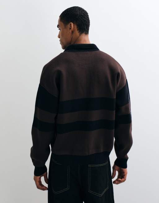Fred Perry stripe logo graphic zip cardigan in dark brown, 2 of 5