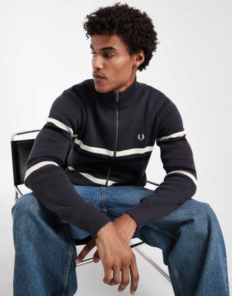 Fred Perry stripe logo graphic zip up cardigan in grey - view 1