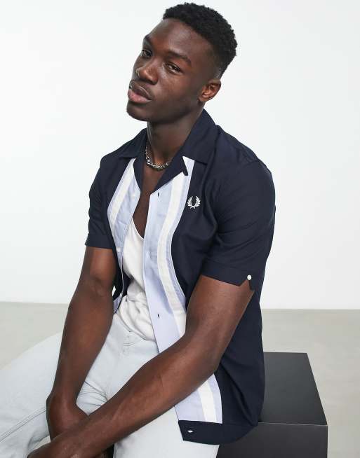 Fred Perry stripe panel bowling shirt in navy | ASOS