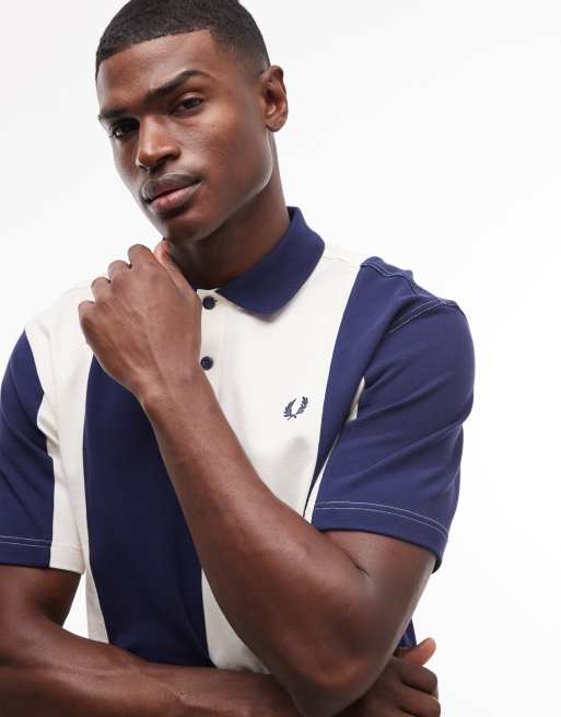 Fred Perry stripe panel polo shirt in blue and white, 3 of 9
