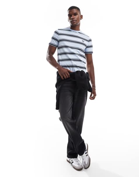 Fred Perry stripe short sleeve shirt in light blue - view 1