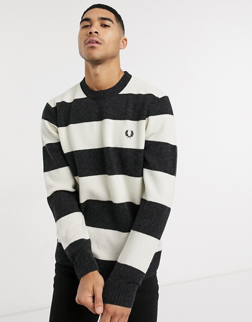Fred Perry striped crew neck jumper in black and white