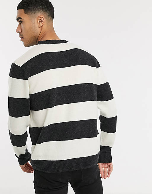 Fred Perry striped crew neck jumper in black and white | ASOS