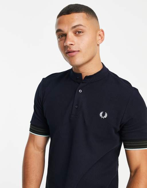 Fred Perry striped cuff henley polo shirt in navy | ASOS