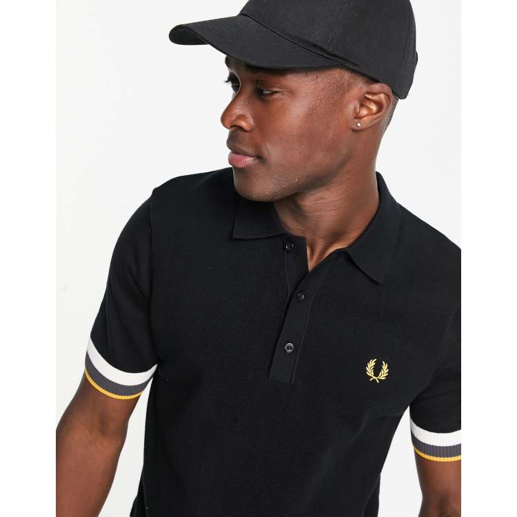 Fred Perry striped cuff knitted polo shirt in black