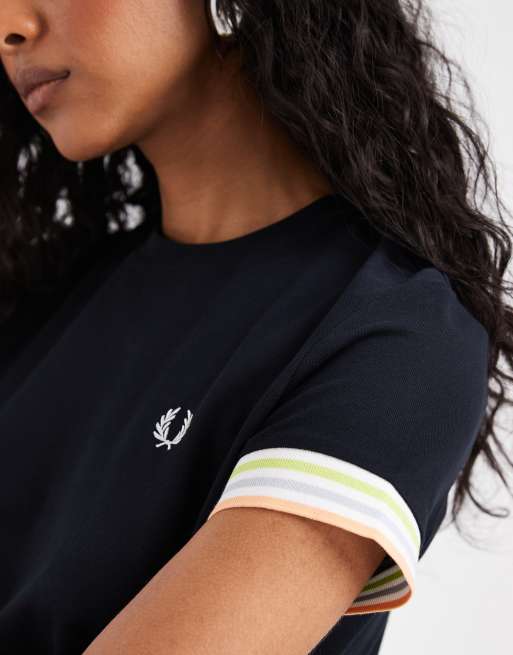 Fred Perry striped cuff pique t-shirt in navy, 2 of 4