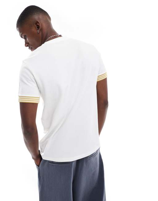 Fred Perry Striped Cuff T-Shirt in White | ASOS