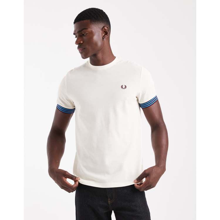 Fred Perry Striped Cuff T-Shirt in White | ASOS