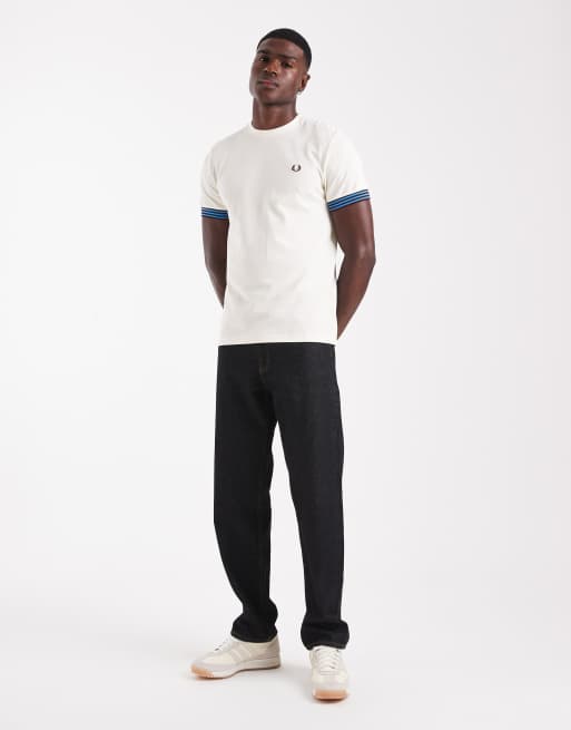 Fred Perry Striped Cuff T-Shirt in White | ASOS
