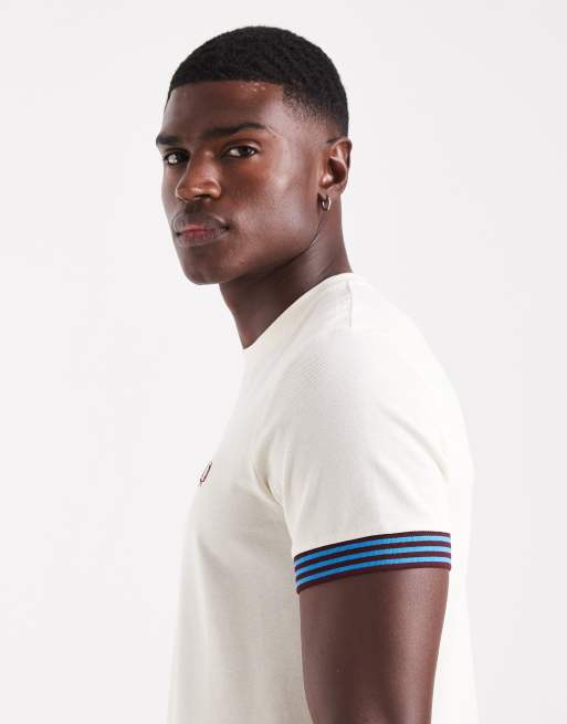 Fred Perry Striped Cuff T-Shirt in White | ASOS