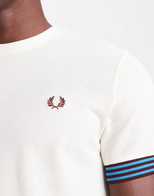 Fred Perry Striped Cuff T-Shirt in White | ASOS