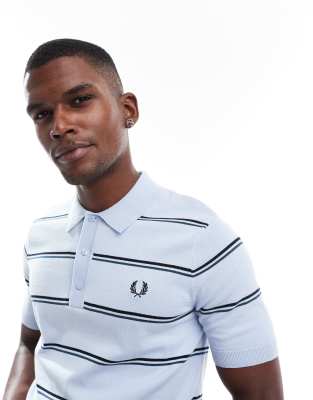 striped knit polo shirt in blue
