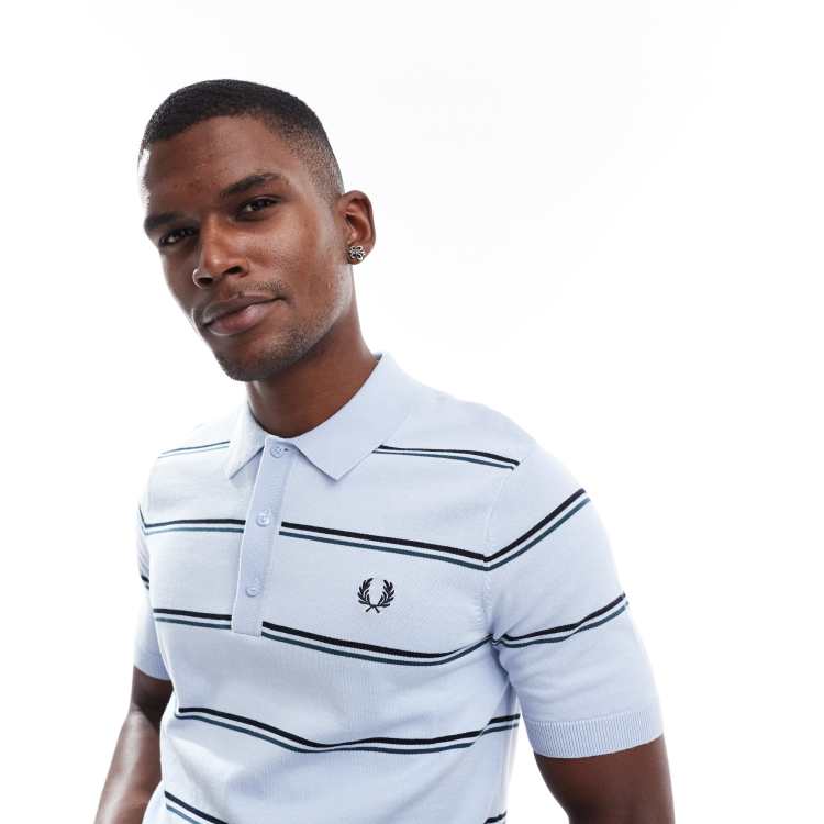 Fred Perry striped knit polo shirt in blue | ASOS