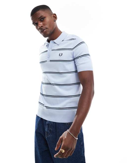 Fred Perry striped knit polo shirt in blue | ASOS