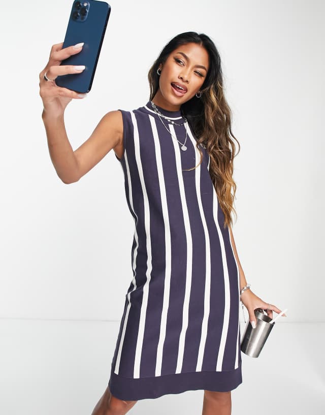 Fred Perry striped knit sleeveless dress in navy and white street