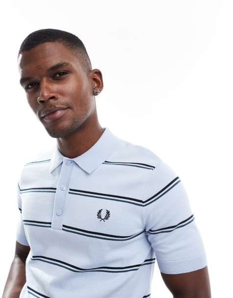 Fred Perry striped knitted polo shirt in blue - view 1