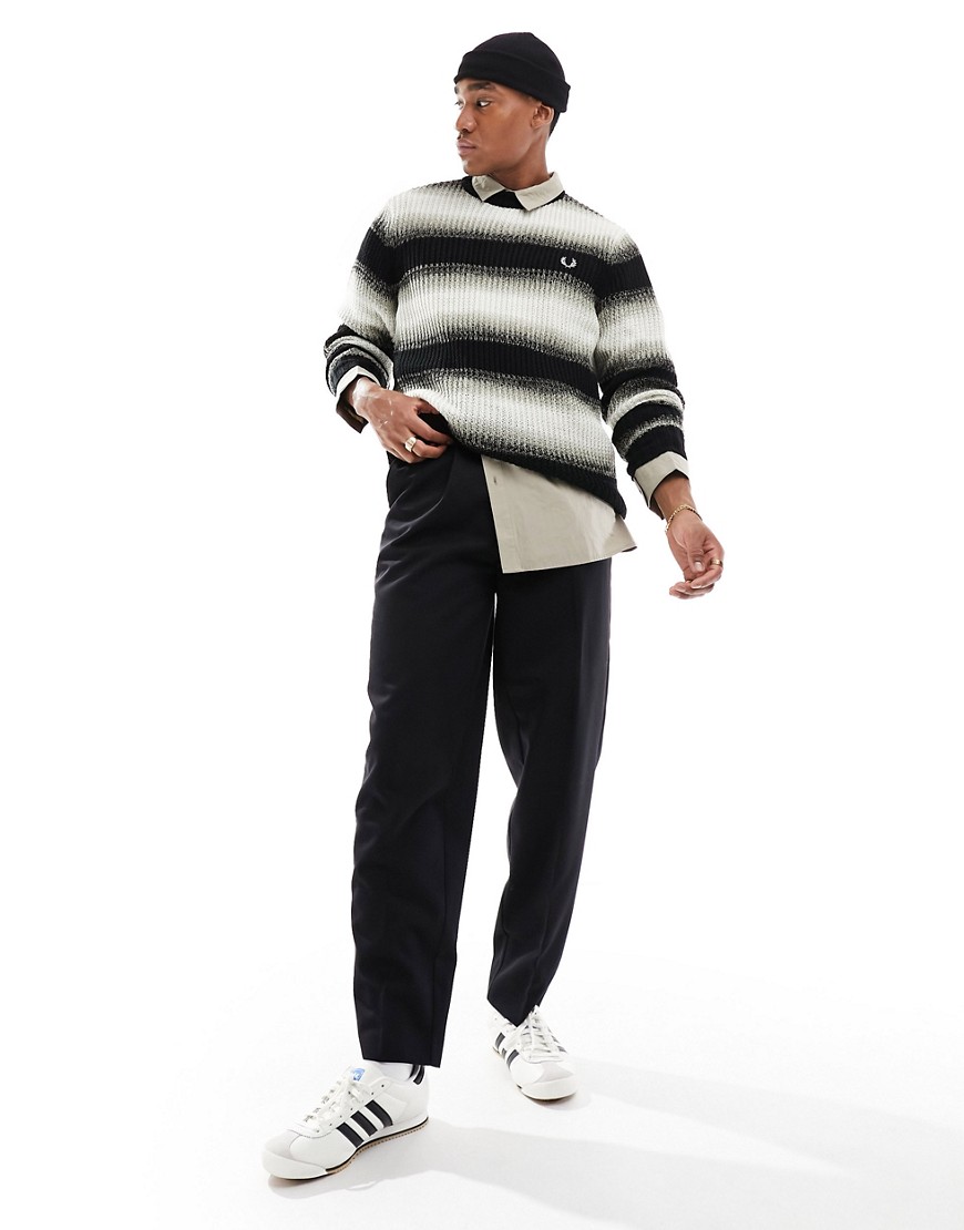 fred Perry striped open knit jumper in black