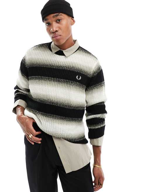 fred Perry striped open knit jumper in black ASOS