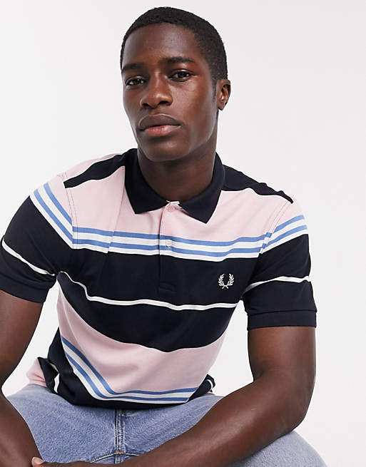 Fred Perry striped polo in navy with pink | ASOS