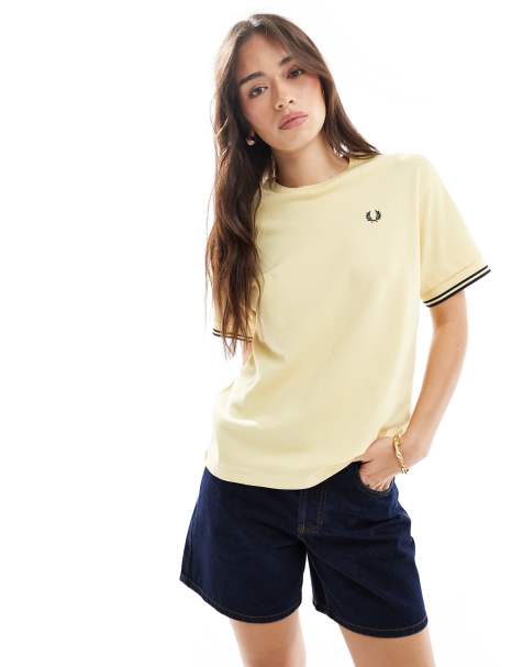 Fred Perry striped ribbed T-shirt in butter yellow - view 1