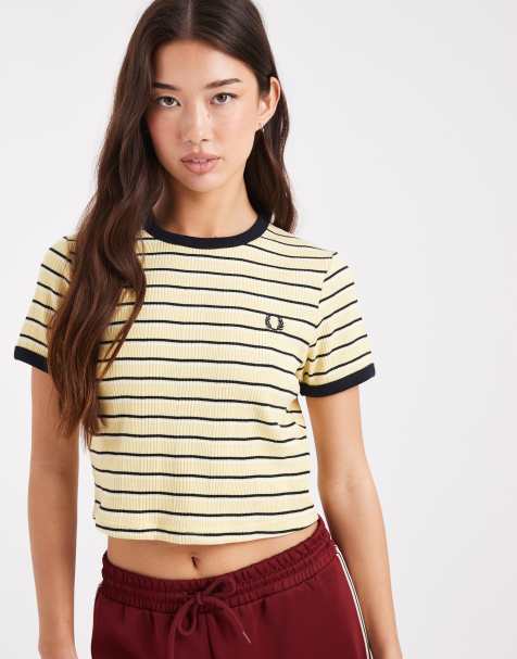 Fred Perry striped ribbed t-shirt in butter yellow