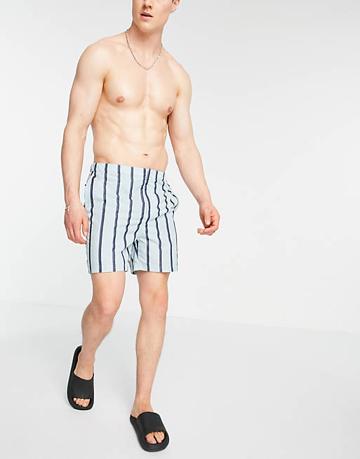 Fred Perry striped swim shorts in light blue