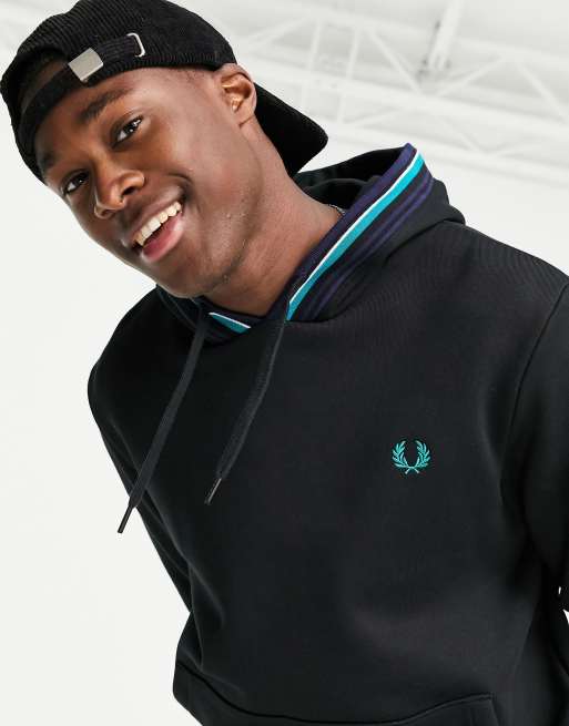【FRED PERRY】 Striped Trim Sweatshirt  R5523 Fred Perry striped trim hoodie in black | ASOS