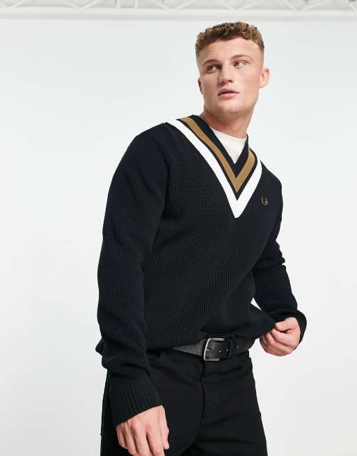 Fred Perry striped v neck jumper in black ASOS