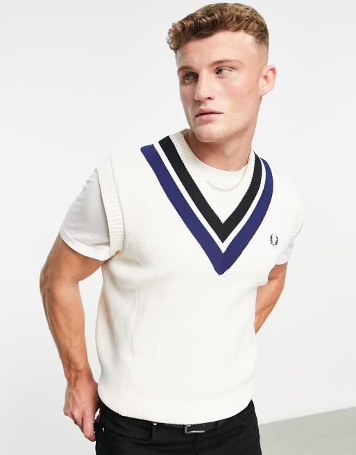 Fred Perry striped v neck knit tank top in cream ASOS