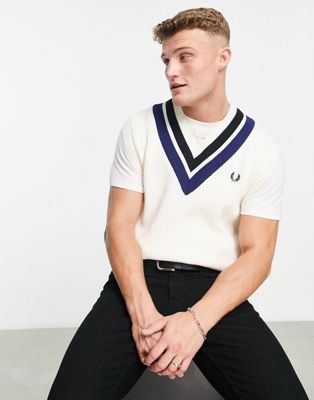 Fred Perry striped v neck knitted vest top in cream