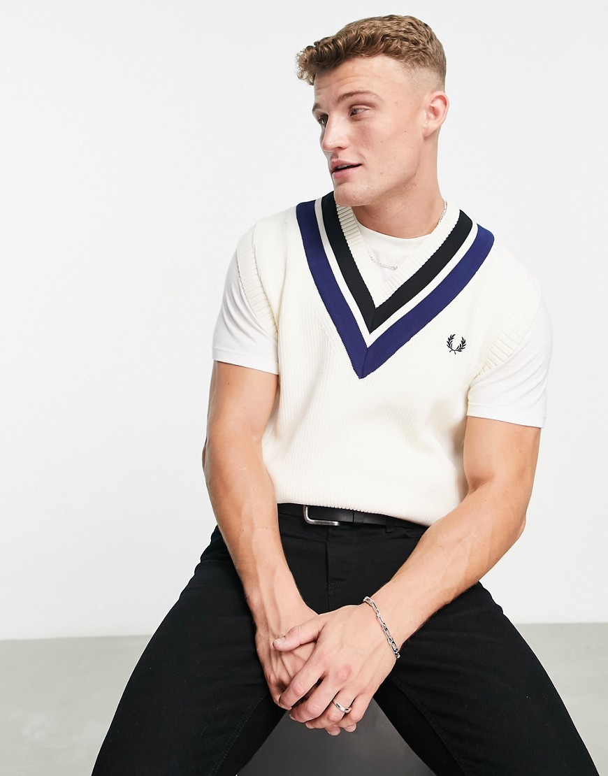Fred Perry striped v neck knitted vest top in cream-White