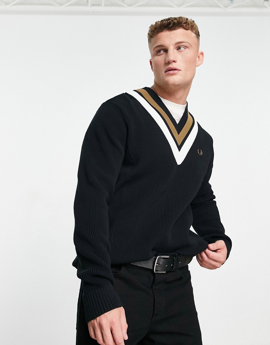 Fred Perry striped v neck sweater in black