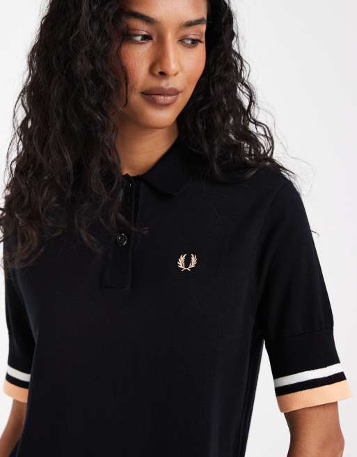 Fred Perry – Svart, stickad skjortklänning i minilängd med bred kantrand, 2 av 4