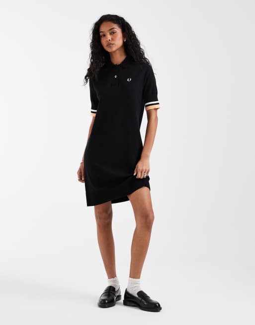 Fred Perry – Svart, stickad skjortklänning i minilängd med bred kantrand, 3 av 4