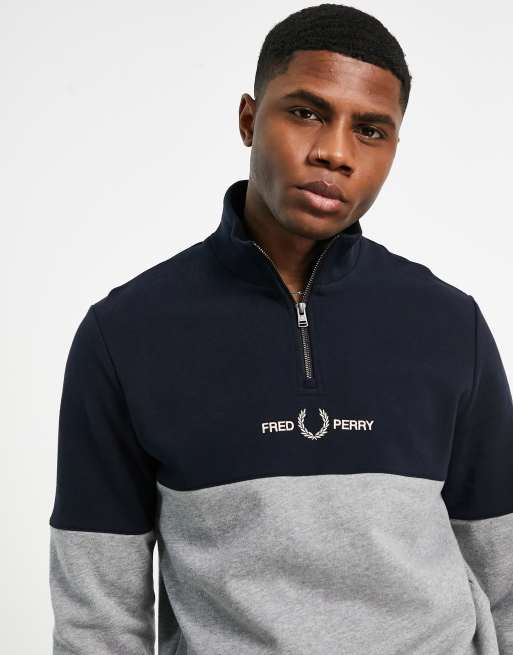 Fred Perry Sweat color block demi fermeture clair Gris