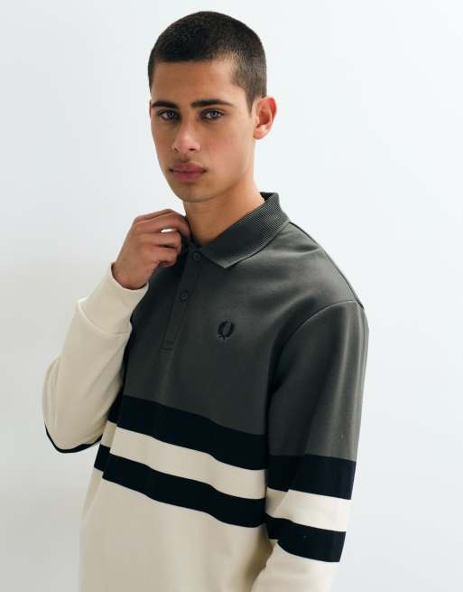 Fred Perry sweatshirt med krave i farveblok-design i grøn og ecru, 5 af 5
