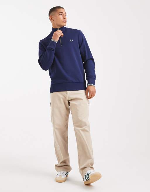 Fred Perry - Sweatshirt met een gekleurd randje en korte rits in marineblauw, 2 van 5