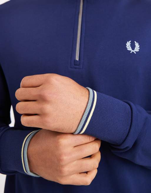 Fred Perry - Sweatshirt met een gekleurd randje en korte rits in marineblauw, 5 van 5