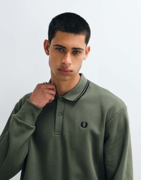 Fred Perry sweatshirt met fleecevoering, contrasterende kraag en boorden in kaki - view 1
