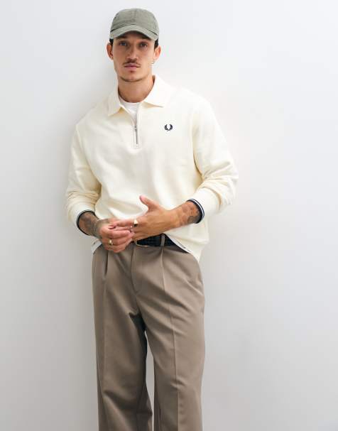 Fred Perry sweatshirt met halve rits en kraag in ecru - view 1
