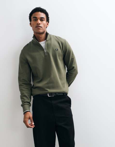Fred Perry sweatshirt met halve rits en logo in groen - view 1