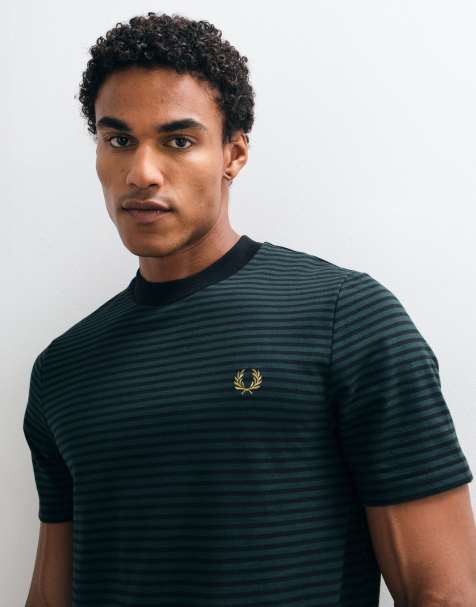 Fred Perry T-shirt a maniche corte a righe sottili pesante in nero/verde - view 1