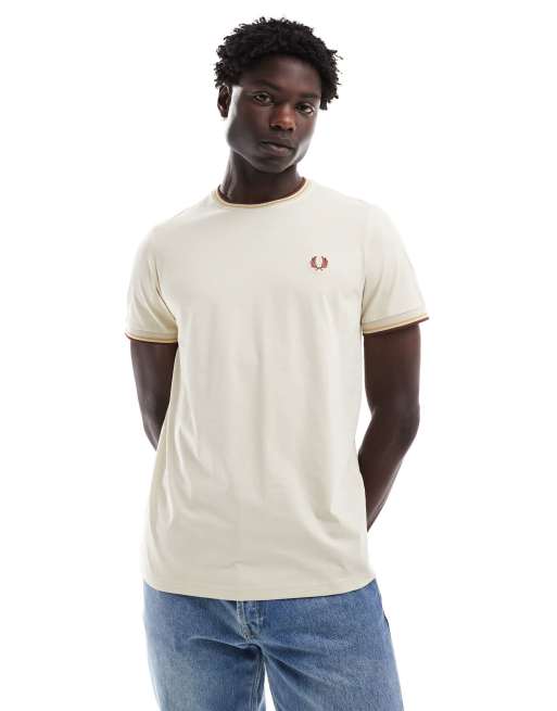Fred Perry - T-shirt beige con bordi a contrasto